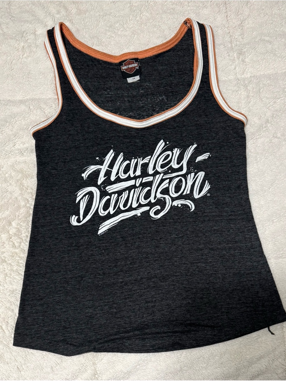 Harley-Davidson Black Tank with White Script and Orange Trim